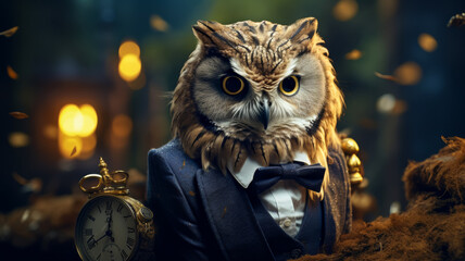 a sophisticated owl in a tailored waistcoat, complete with a pocket watch
