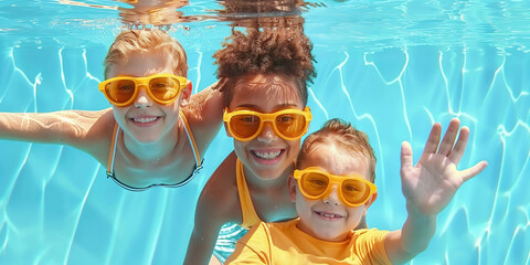 Fototapeta premium Three kids enjoying summer in a swimming pool, wearing yellow goggles for underwater fun