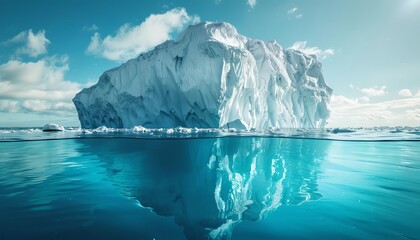 Showcase a majestic iceberg floating in frigid waters, its crystalclear contours reflecting the Arctic sunlight