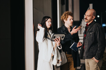 Two entrepreneurs engaged in a discussion while holding digital devices during an informal outdoor meeting after hours