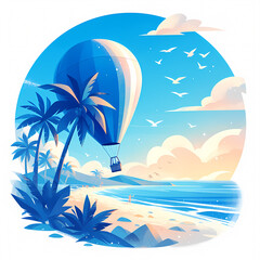 Fototapeta na wymiar Embark on an enchanting journey under the tropical sky with a majestic blue hot air balloon. This vibrant scene captures the essence of travel and adventure.