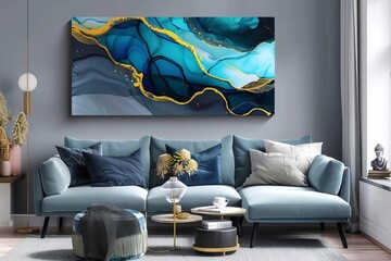 vibrant blue black and gold abstract fluid art created with alcohol ink on canvas modern painting