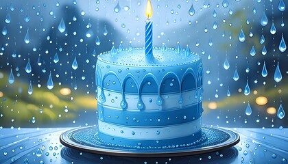 blue cake with candle and water drop