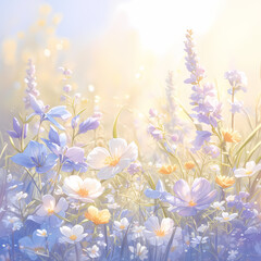 Fototapeta na wymiar Vivid and Bountiful Spring Meadow - A Visual Paradise of Flower-filled Fields under Sunlight