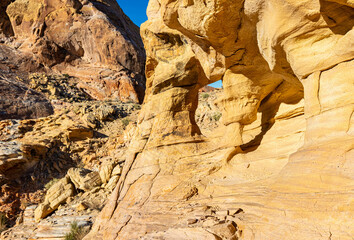 Sandstone Arch on Canyon Wall Near The Upper Fire Canyon Wash, Valley of Fire State Park, Nevada,...