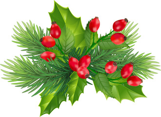 Festive green garland of pine, red berries, mistletoe, holly and pine cones. Decorated with trinkets. Transparent, png.