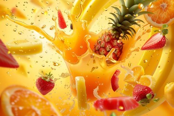 vibrant fruit juice explosion with tropical flavors of orange strawberry pineapple mango and banana 3d illustration