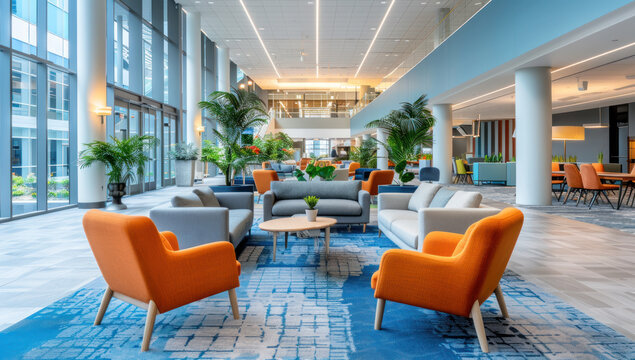 Interior modern hotel lobby with orange armchairs and tables, contemporary furniture, comfortable, luxury living, and cozy elegance. Room, window, and colours indoor. Corporate lounge business hall.