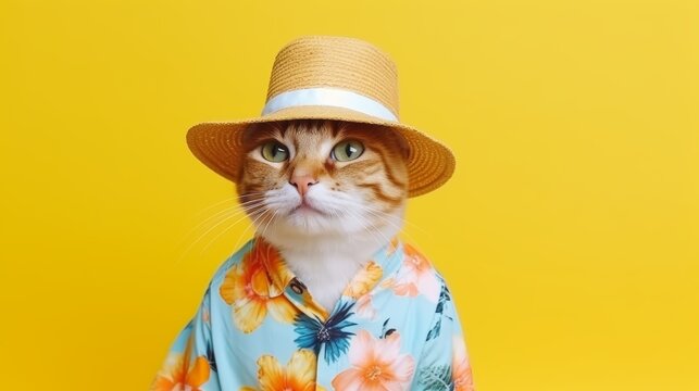 Fototapeta A cat wearing a straw hat and a hawaiian shirt is looking at the camera with a serious expression.
