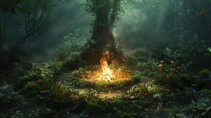 Lush greenery surrounds a sacred bonfire for the Beltane festival
