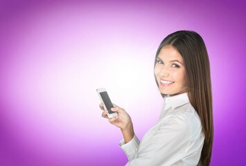 Fototapeta premium Happy woman hold phone and social media