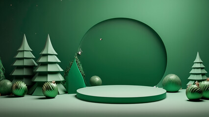 Festive green Christmas podium elegantly showcases products, ideal for holiday. Generative Ai