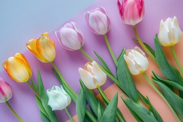 Multi-colored background and multi-colored tulips. View from above. Flat layout. On a multi-colored table background there are bright beautiful tulip flowers, a banner.