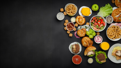 Group of healthy and junk food, top view with copy space. Generative Ai