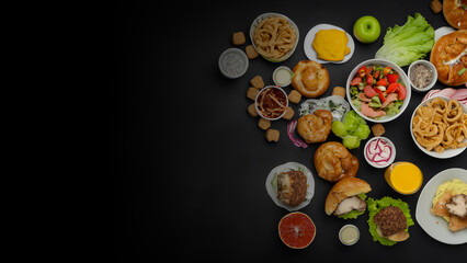 Group of healty and junk food. Eat What You Want Day Concept Background copy space. Generative Ai