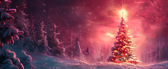 Merry Christmas" glowing amidst a snowy wonderland a golden beacon on a crimson canvas