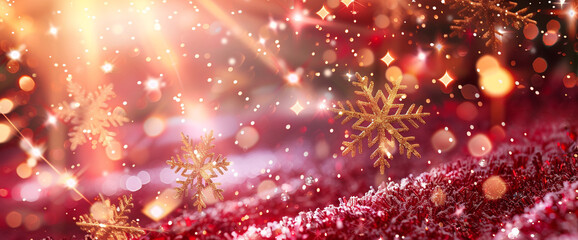 Merry Christmas" in radiant gold against a backdrop of festive red surrounded by the enchanting beauty of falling snowflakes