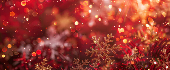 Merry Christmas" in radiant gold against a backdrop of festive red surrounded by the enchanting beauty of falling snowflakes
