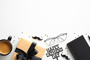 Festive Father’s Day layout with brown gift, coffee, bold text, glasses, and stars on a white...