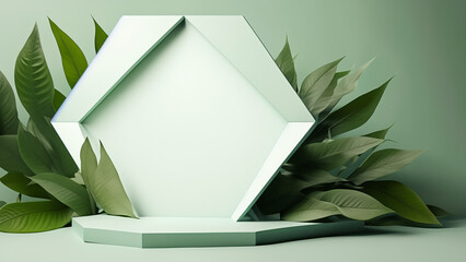 Polygon podium with green leaves creates a nature inspired mock up stand for product . Generative Ai