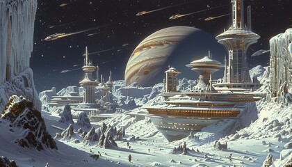 Obraz premium Sketch a diplomatic meeting held on a space station with panoramic views of Saturn, where alien races form alliances