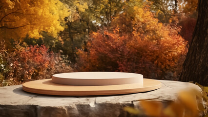 podium in autumn warm colors for product presentation. Mockup for branding, packaging. Generative Ai