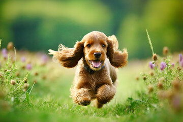 English Cocker Spaniel running in the grass on a sunny day