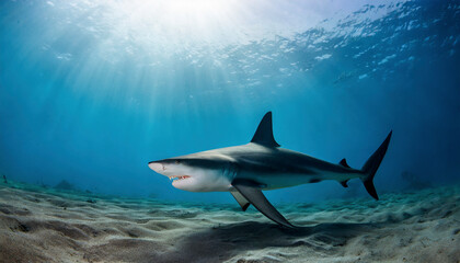underwater photo of shark, sun rays through blue ocean water