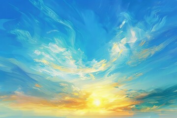 vivid blue sky with wispy white cirrus clouds and bright yellow sun dramatic nature panorama digital painting
