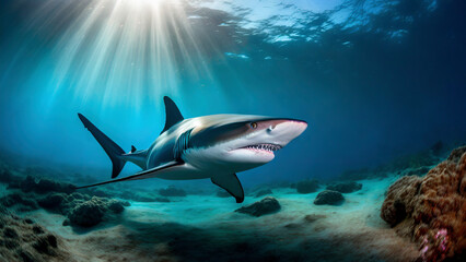 Great White Shark, Underwater photo of marine life, sun rays through blue ocean water