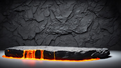 Solid black rock podium, lava light dances, creating ethereal ambiance. Generative Ai