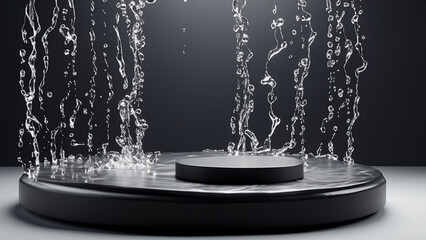 black podium, with water splashes, is a stunning platform for showcasing cosmetics. Generative Ai