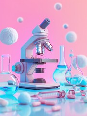 Microscope and test tubes with a pink background.