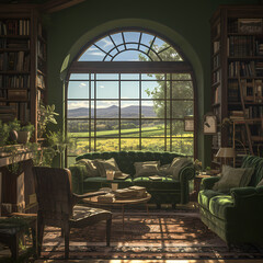 Experience the tranquility of an opulent home library, bathed in soft light and overlooking a picturesque landscape. This image captures a serene retreat where knowledge thrives amidst natural beauty.