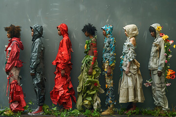 Fototapeta premium In an eco-conscious scene, people proudly wear clothes crafted from recycled plastic, promoting sustainability and fashion-forward environmentalism with stylish attire