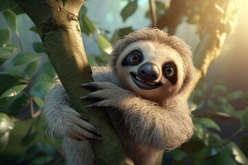 Fototapeta premium Sloth smiling while hanging on a tree branch in the jungle.