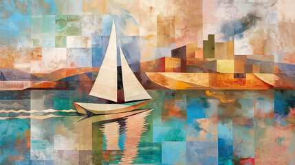 An artistic painting of a river with a small sailing boat