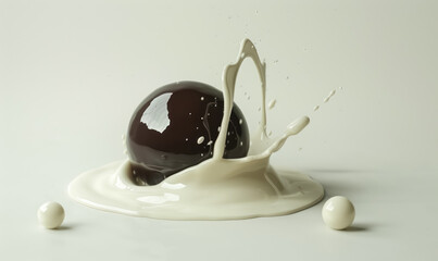 dark chocolate ball with milk splash closeup, photography of chocolate advertising