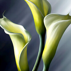Side view of yellow calla lilies corollas, on their stems, nuanced light gray background