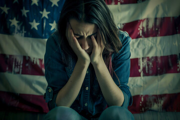 Upset Young Woman Sitting in Front of American Flag Splattered with Paint - Political Anxiety Concept