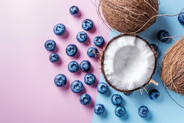 top view of blueberries and coconut on pastel background