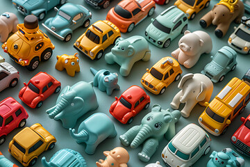 A collection of colorful toys arranged neatly on a pristine white background, offering a diverse range of playtime possibilities and childhood nostalgia