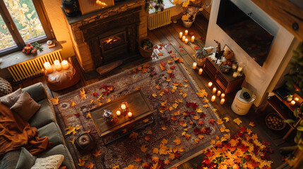 Overhead perspective of a cozy living room adorned with fall foliage and flickering candles setting the scene for a memorable Thanksgiving gathering