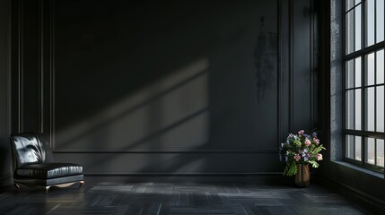 Dark living room interior with black empty wall, 3d render