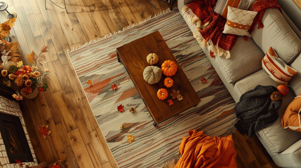 Overhead perspective of a family room decorated with fall-themed throw pillows and plush blankets inviting relaxation on Thanksgiving afternoon