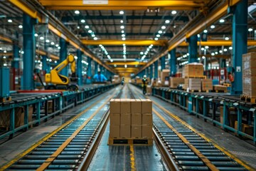 Fototapeta premium Conveyor Belt in Factory With Boxes