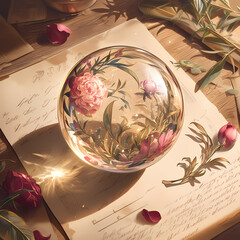 Enchanting Vintage-Style Crystal Ball with Floral Decoration and Distressed Paper Background - Perfect for Advertising, Mystical Themes & More!