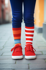 Kid legs with different pair of socks and red sneakers standing in the street outdoors. Child foots in mismatched socks. Odd Socks day, Anti-Bullying Week, Down syndrome awareness concept