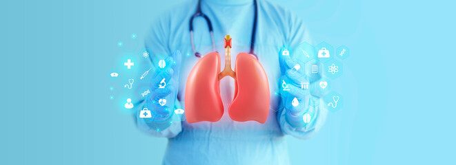 The doctor studies and analyzes the lungs in good health. Scene of a doctor on a light blue...