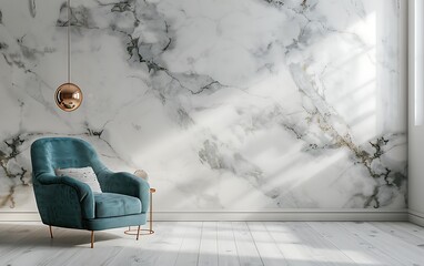 Stylish interior design of a modern living room with a turquoise armchair, copper pendant lamp, and marble wall mock up